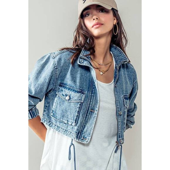 Urban Daizy Utility Cropped Drawstring Hem Stand Collar Denim Jacket - Picture 6 of 16